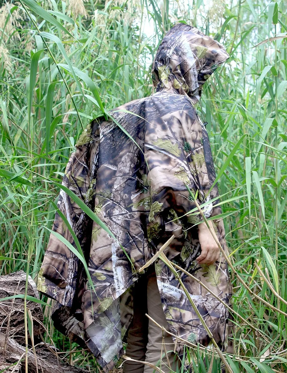 Camouflage Rain Poncho Hooded Waterproof Camo Raincoat with Blind Pattern for Hunting Hiking Camping Fishing