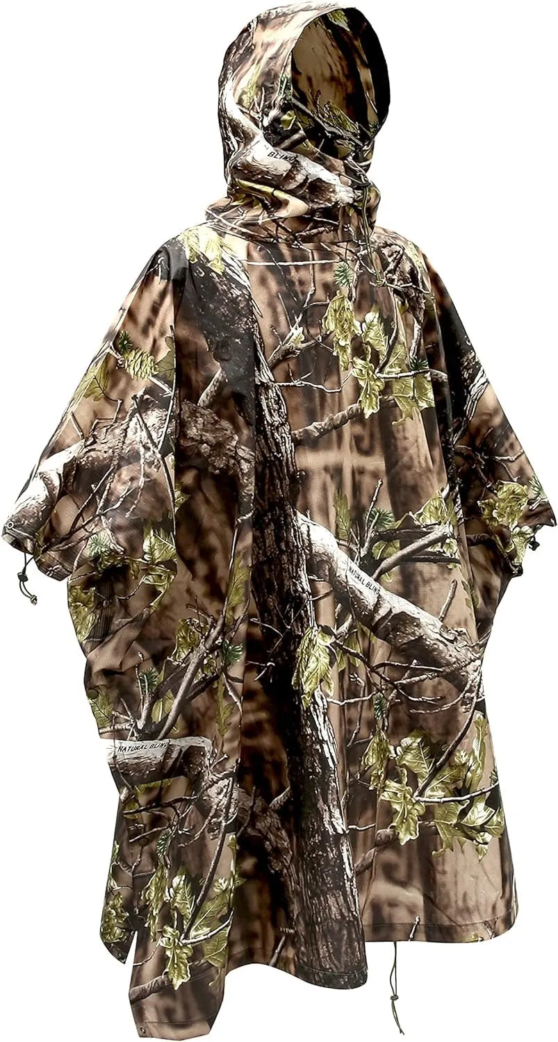 Camouflage Rain Poncho Hooded Waterproof Camo Raincoat with Blind Pattern for Hunting Hiking Camping Fishing