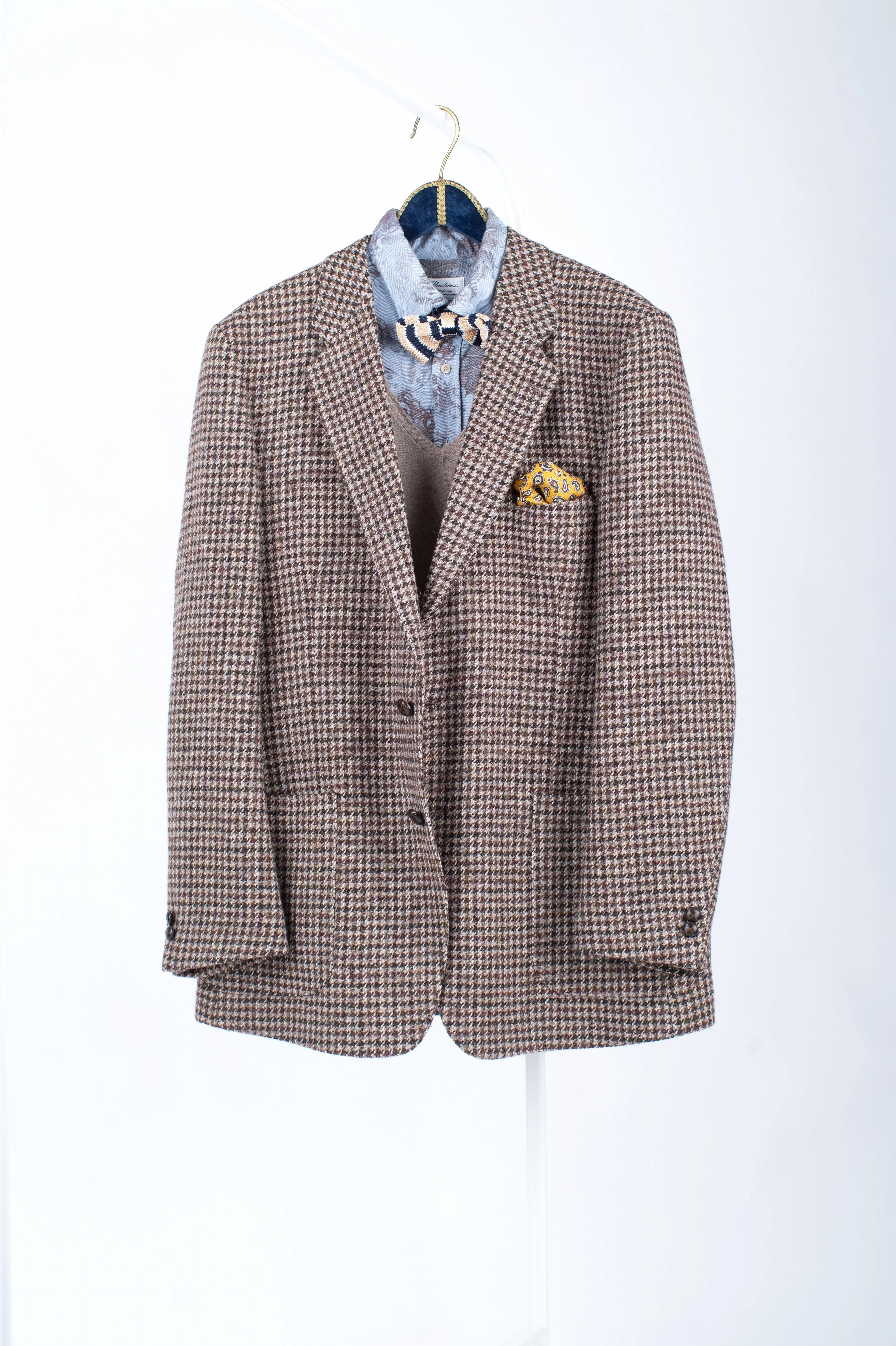 Harris Tweed Brown Houndstooth 2 Button Blazer Sport Coat, US 42L, EU 52L