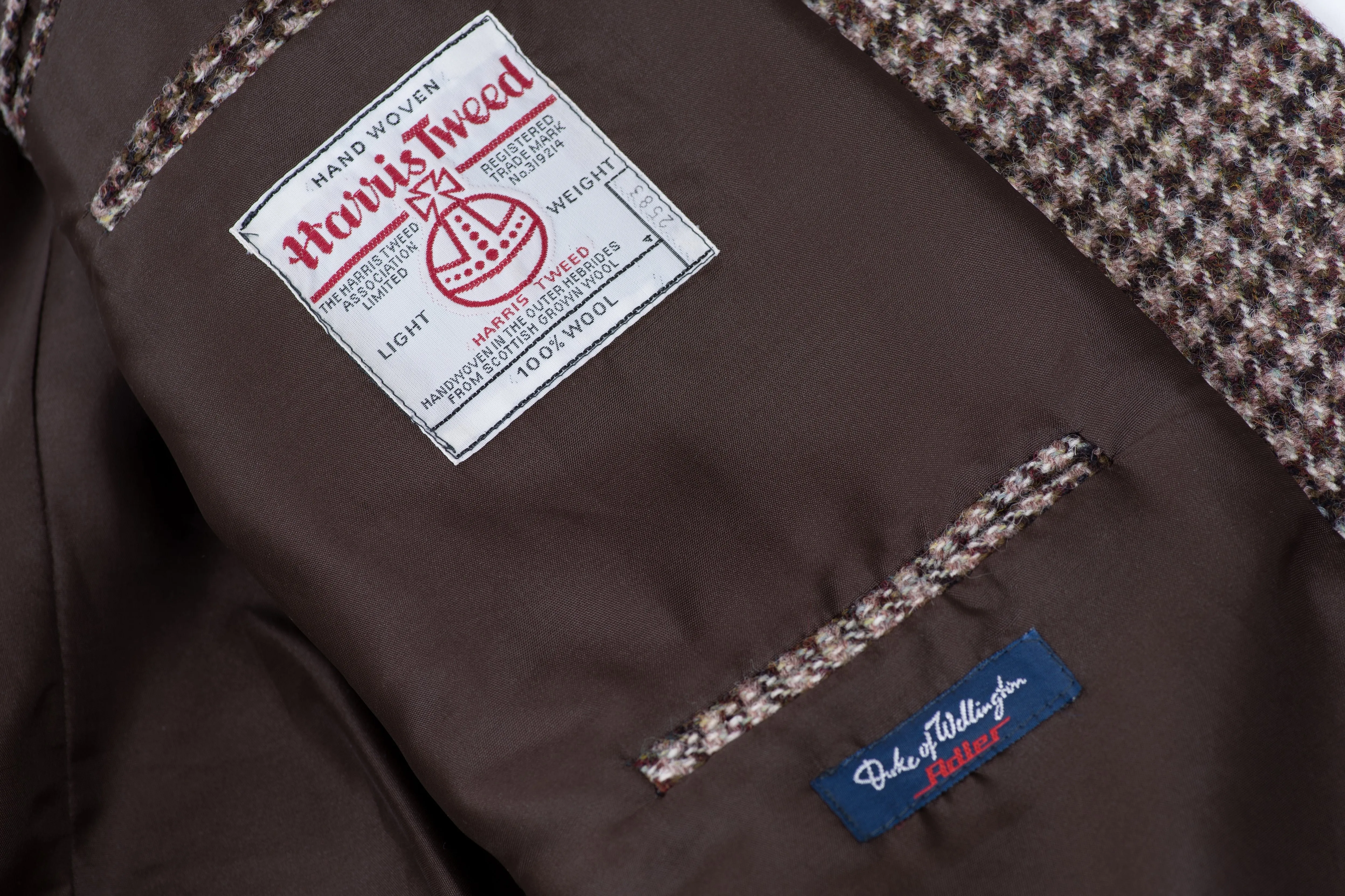 Harris Tweed Brown Houndstooth 2 Button Blazer Sport Coat, US 42L, EU 52L