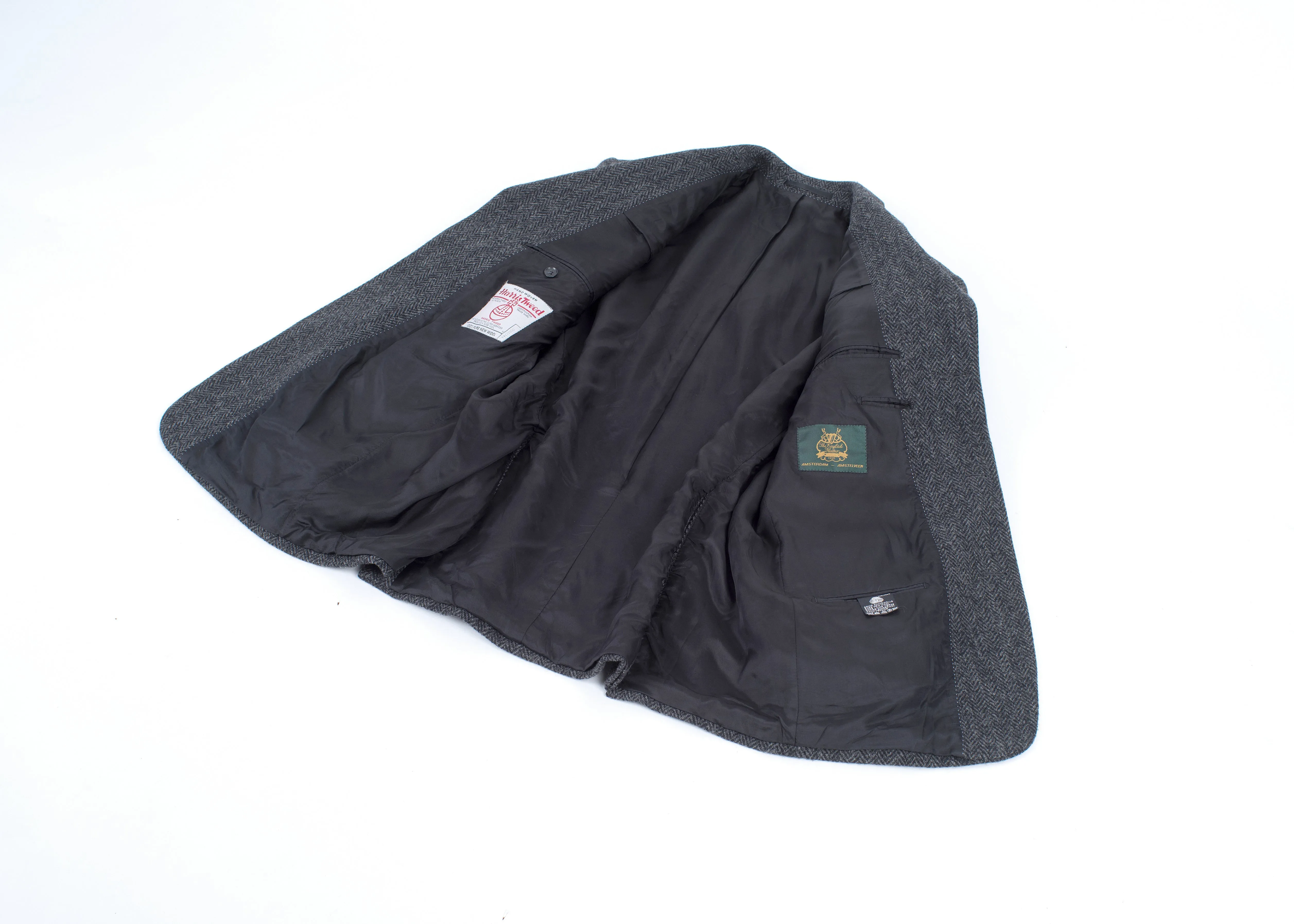 Harris Tweed Herringbone Gray 3 Button Blazer Jacket, Size US 42, EU 52