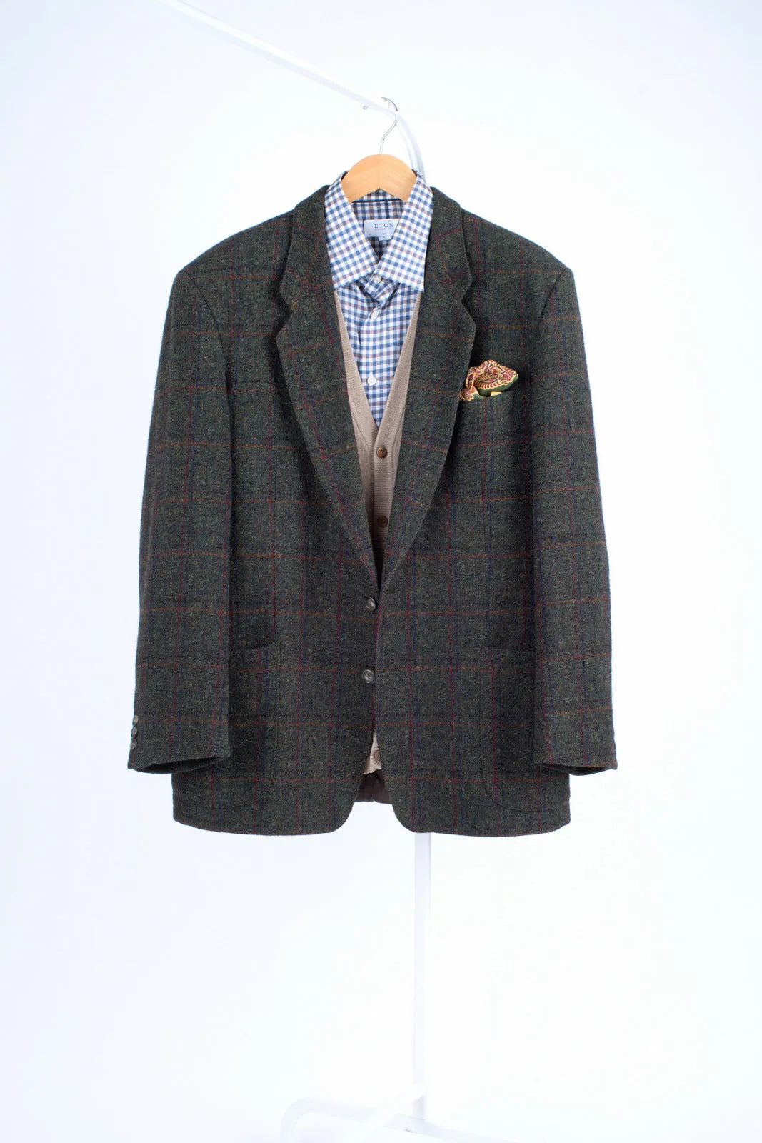 Harris Tweed Plaid Forest Green 2 Button Blazer Sport Coat, US 42R, EU 52