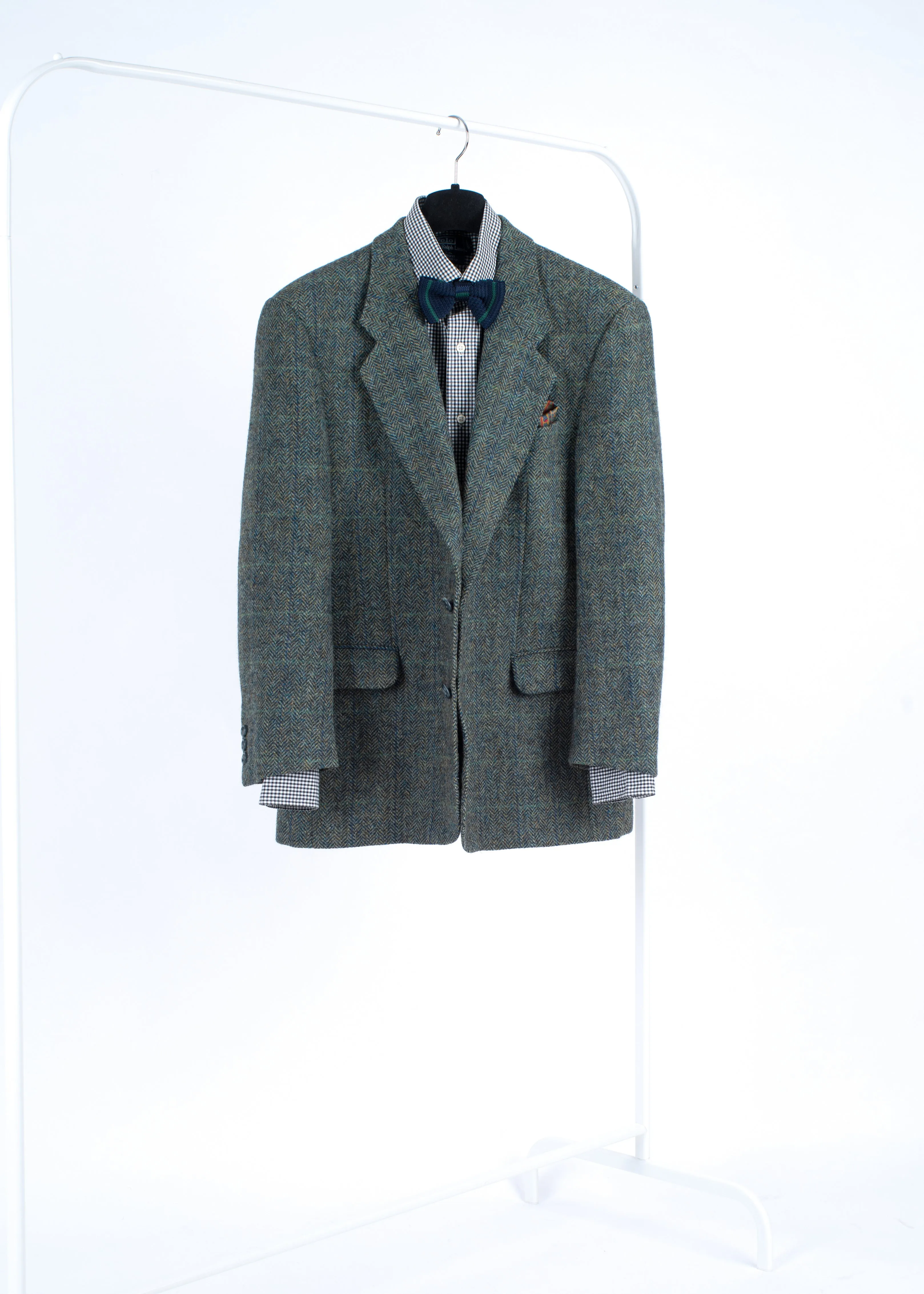 Harris Tweed Plaid Herringbone Green 2 Button Blazer, US 38S, EU 24