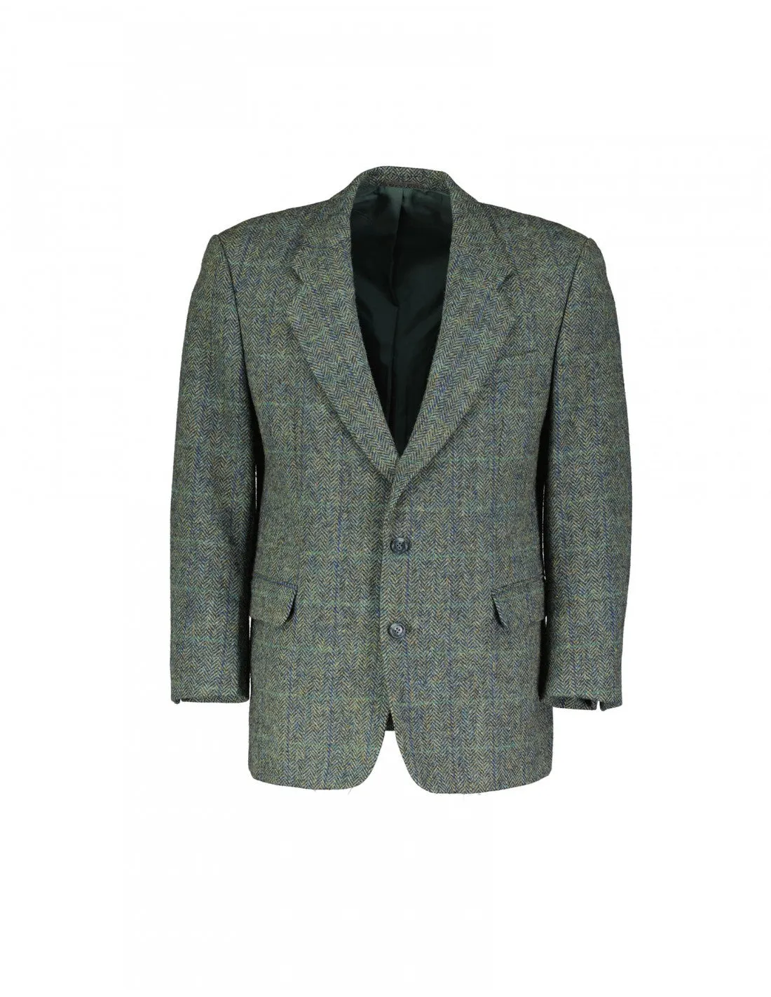 Harris Tweed Plaid Herringbone Green 2 Button Blazer, US 38S, EU 24