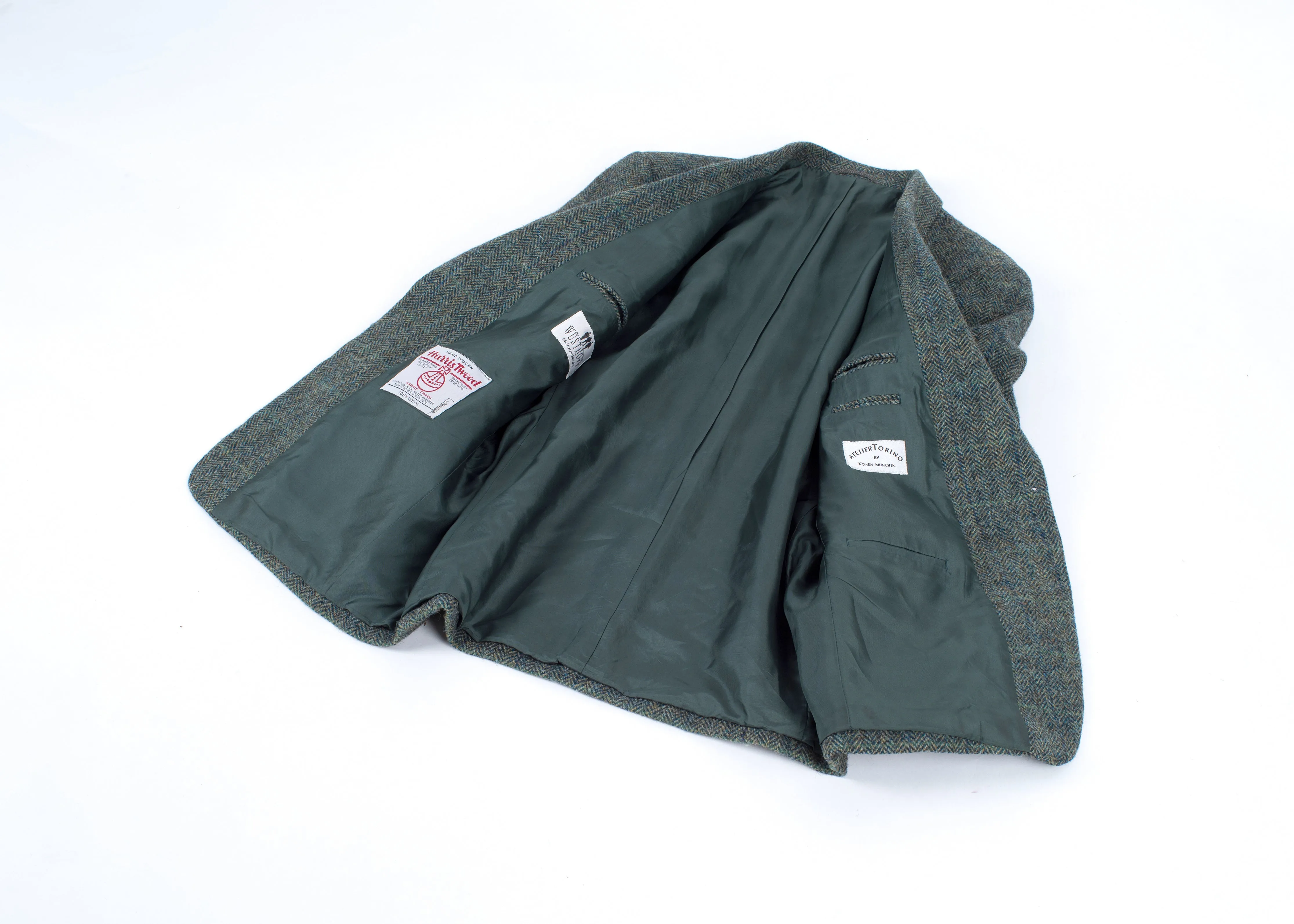 Harris Tweed Plaid Herringbone Green 2 Button Blazer, US 38S, EU 24