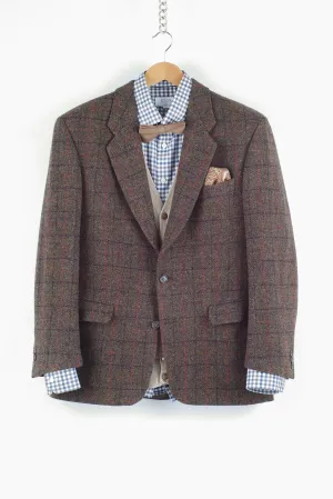 Harris Tweed Wool Windowpane Khaki Brown 2 Button Blazer, US 42R, EU 52