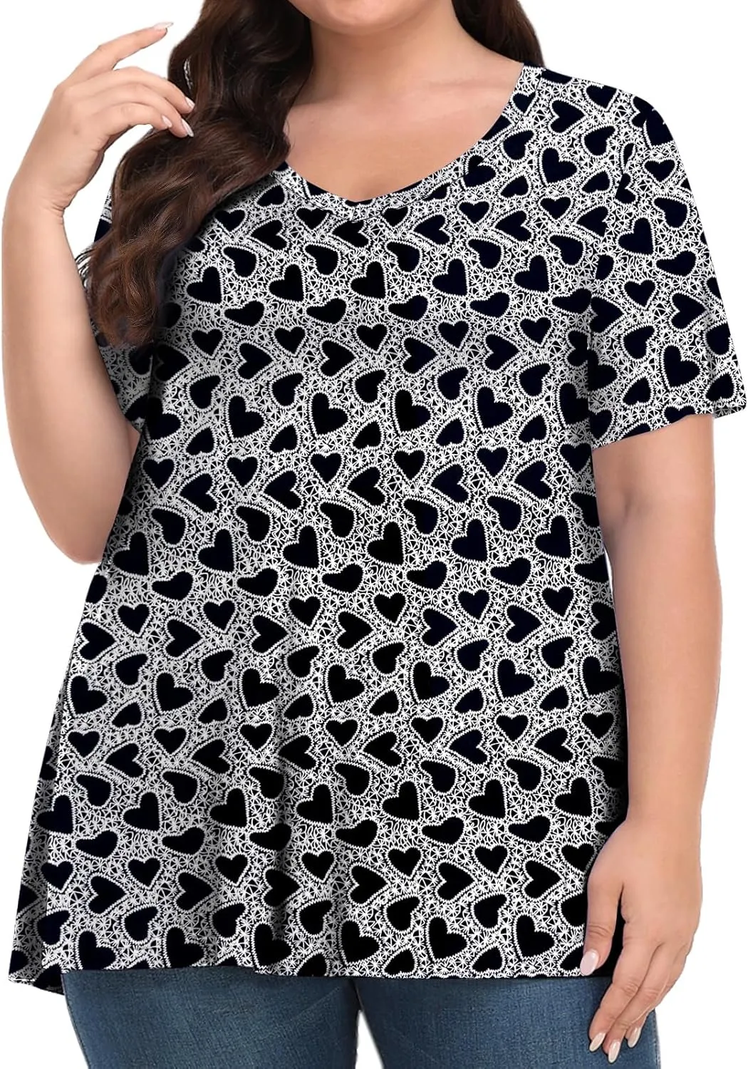 Tencede Womens Plus Size Tops Short Sleeve Tunic Shirts V Neck Summer Floral Loose Fit Blouse XL-5X