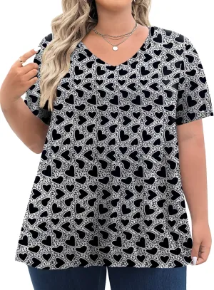 Tencede Womens Plus Size Tops Short Sleeve Tunic Shirts V Neck Summer Floral Loose Fit Blouse XL-5X