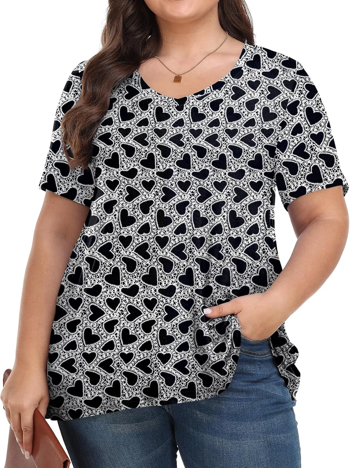 Tencede Womens Plus Size Tops Short Sleeve Tunic Shirts V Neck Summer Floral Loose Fit Blouse XL-5X