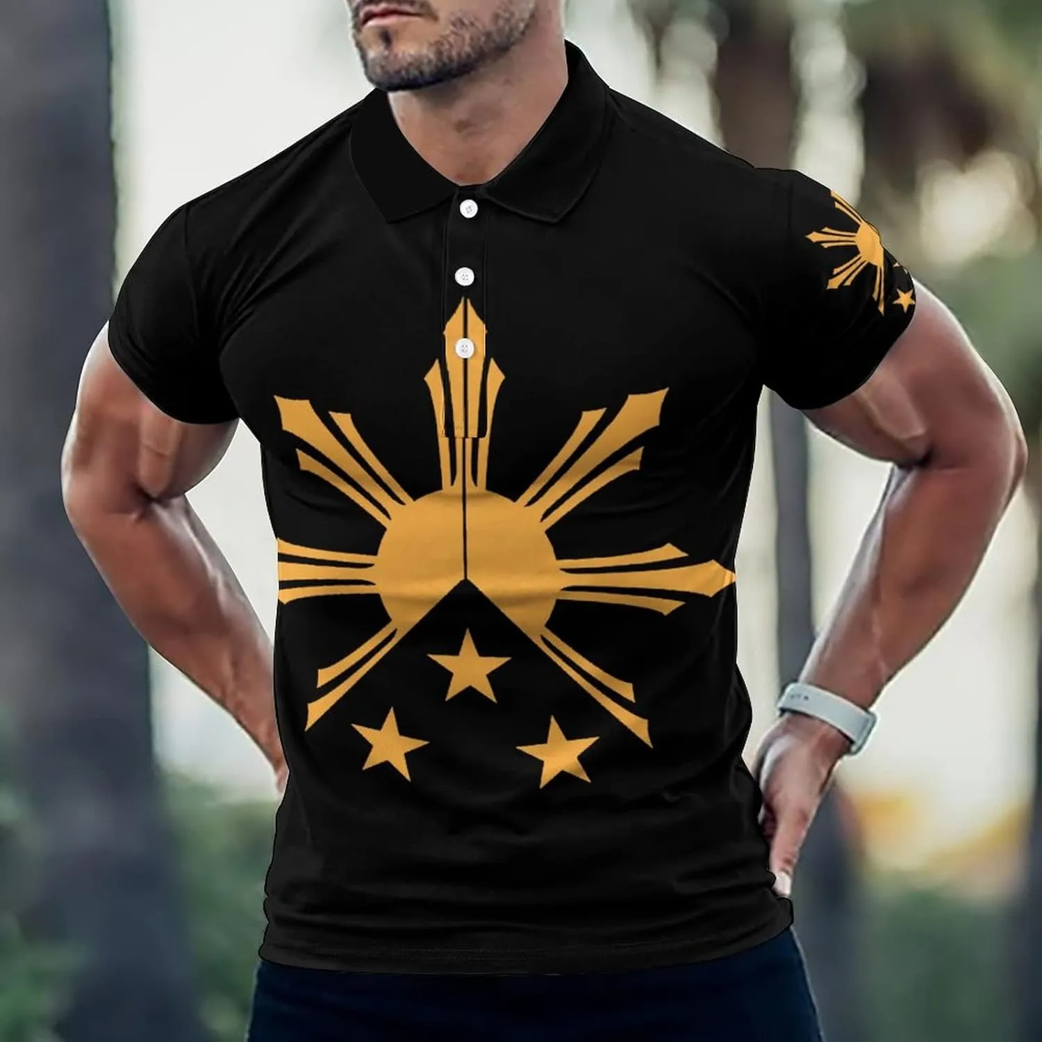 Tribal Philippines Filipino Sun and Stars Flag Men's Polo Shirt Golf Short Sleeve Regular-Fit Button Straight T-Shirt