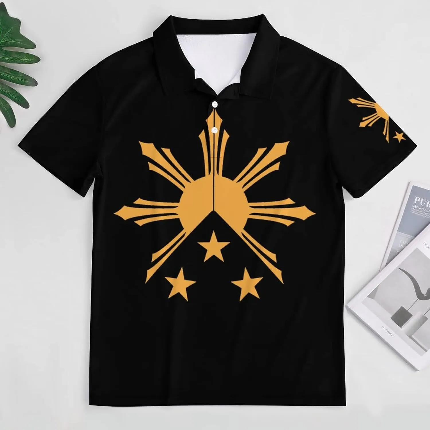 Tribal Philippines Filipino Sun and Stars Flag Men's Polo Shirt Golf Short Sleeve Regular-Fit Button Straight T-Shirt